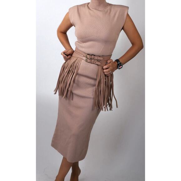 BCBG Max Azria Fringe Belt Small Faux Leather Fringe Belted Skirt Overlay Nude - Picture 1 of 10